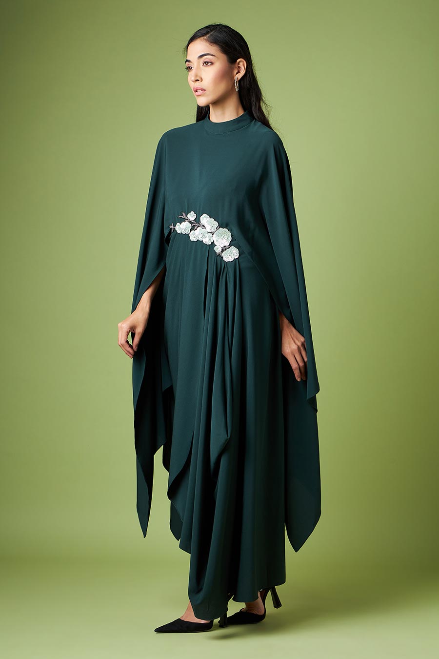 Green Embroidered Drape Dress