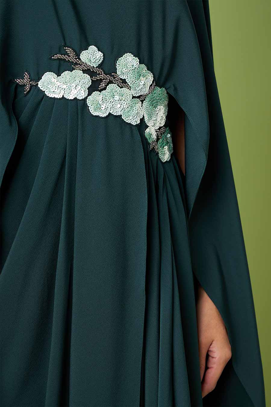 Green Embroidered Drape Dress