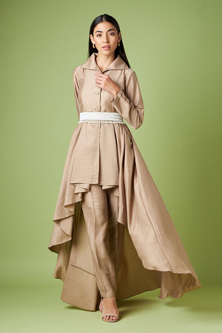 Beige Draped Tunic & Pant Set With Belt