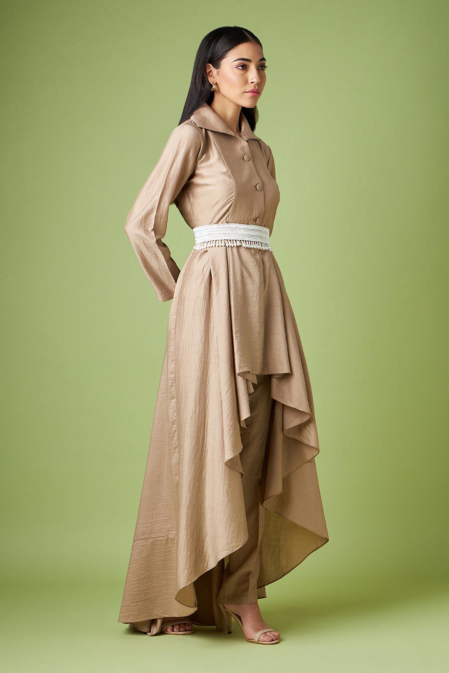 Beige Draped Tunic & Pant Set With Belt