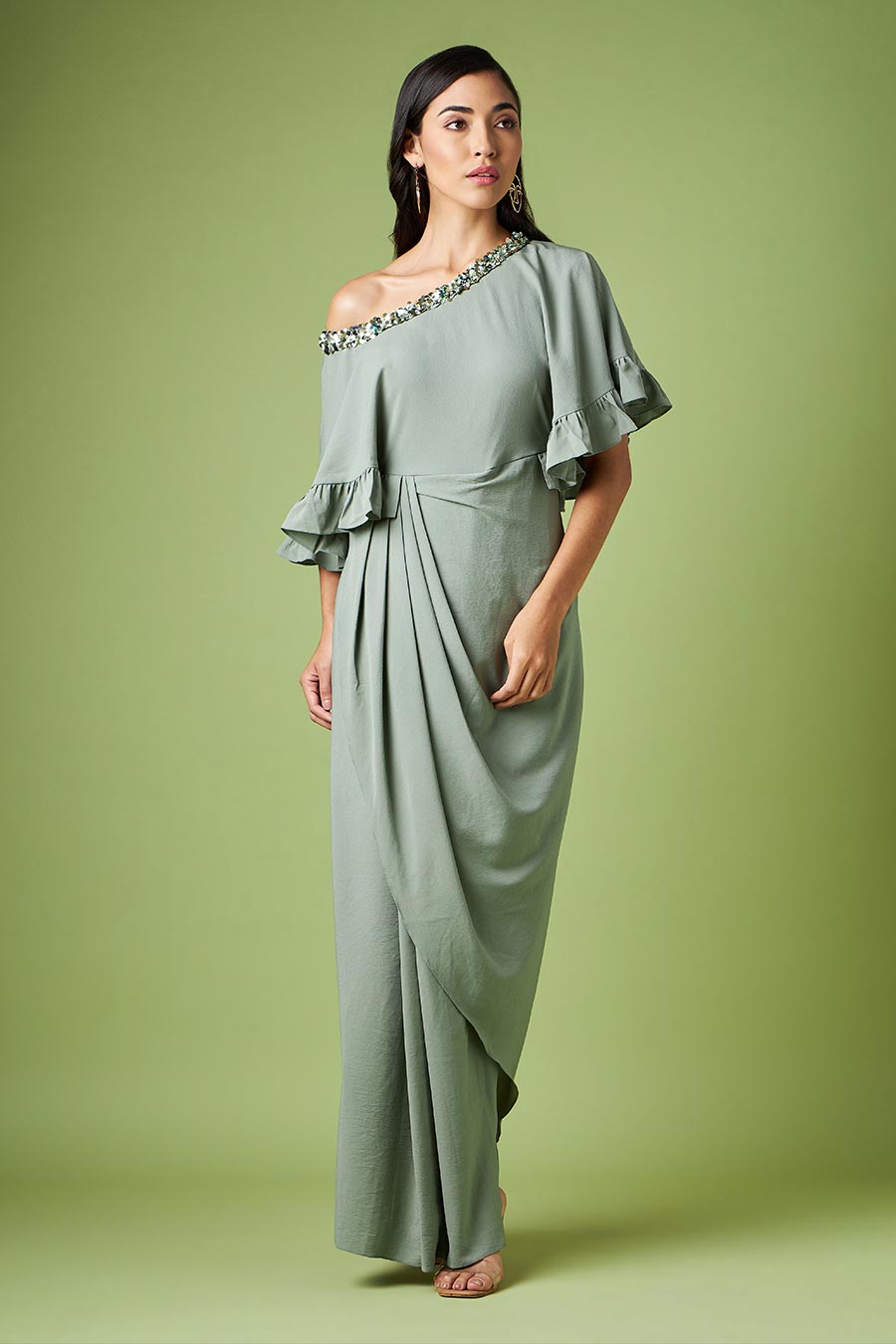 Green One-Shoulder Drape Dress