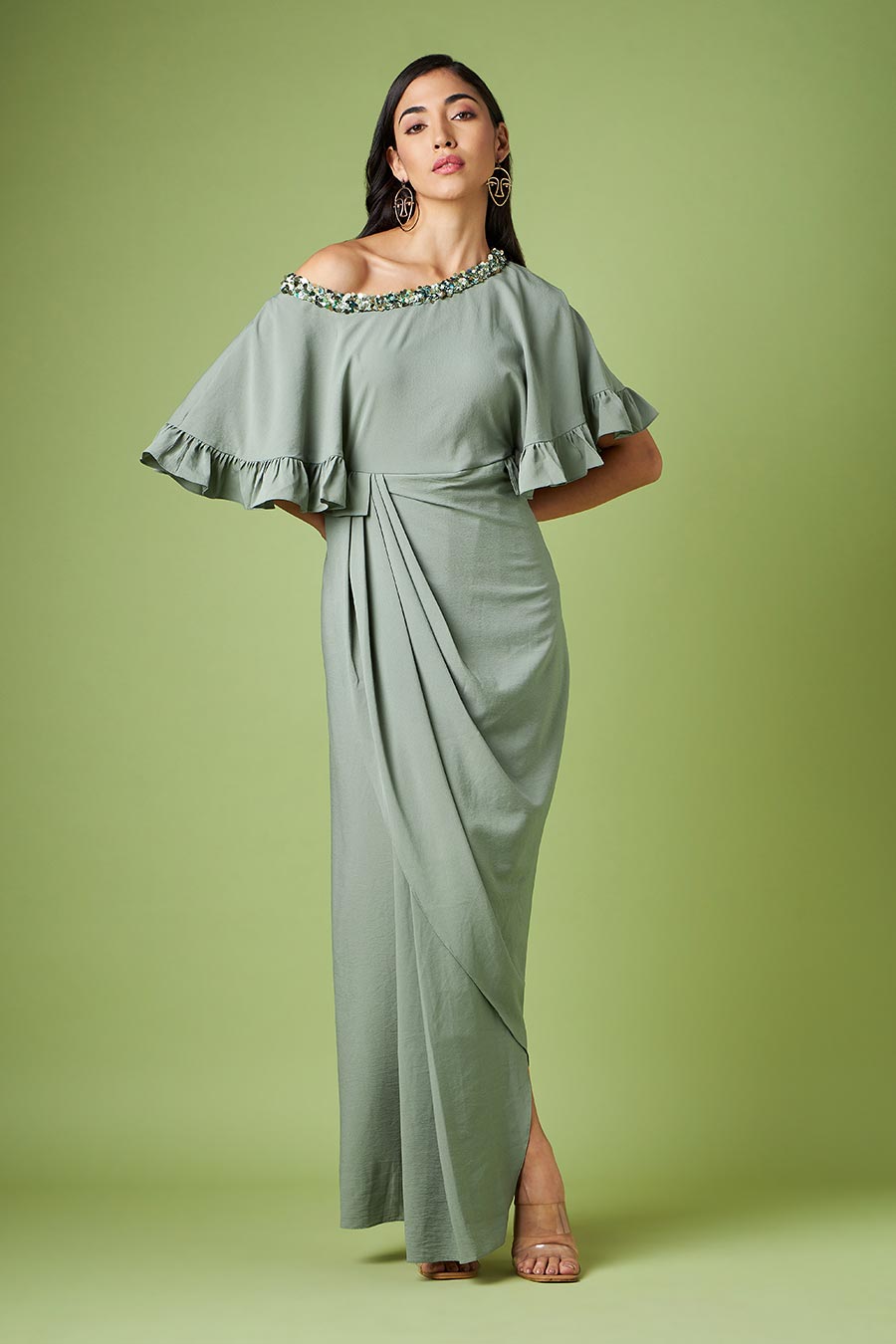 Green One-Shoulder Drape Dress