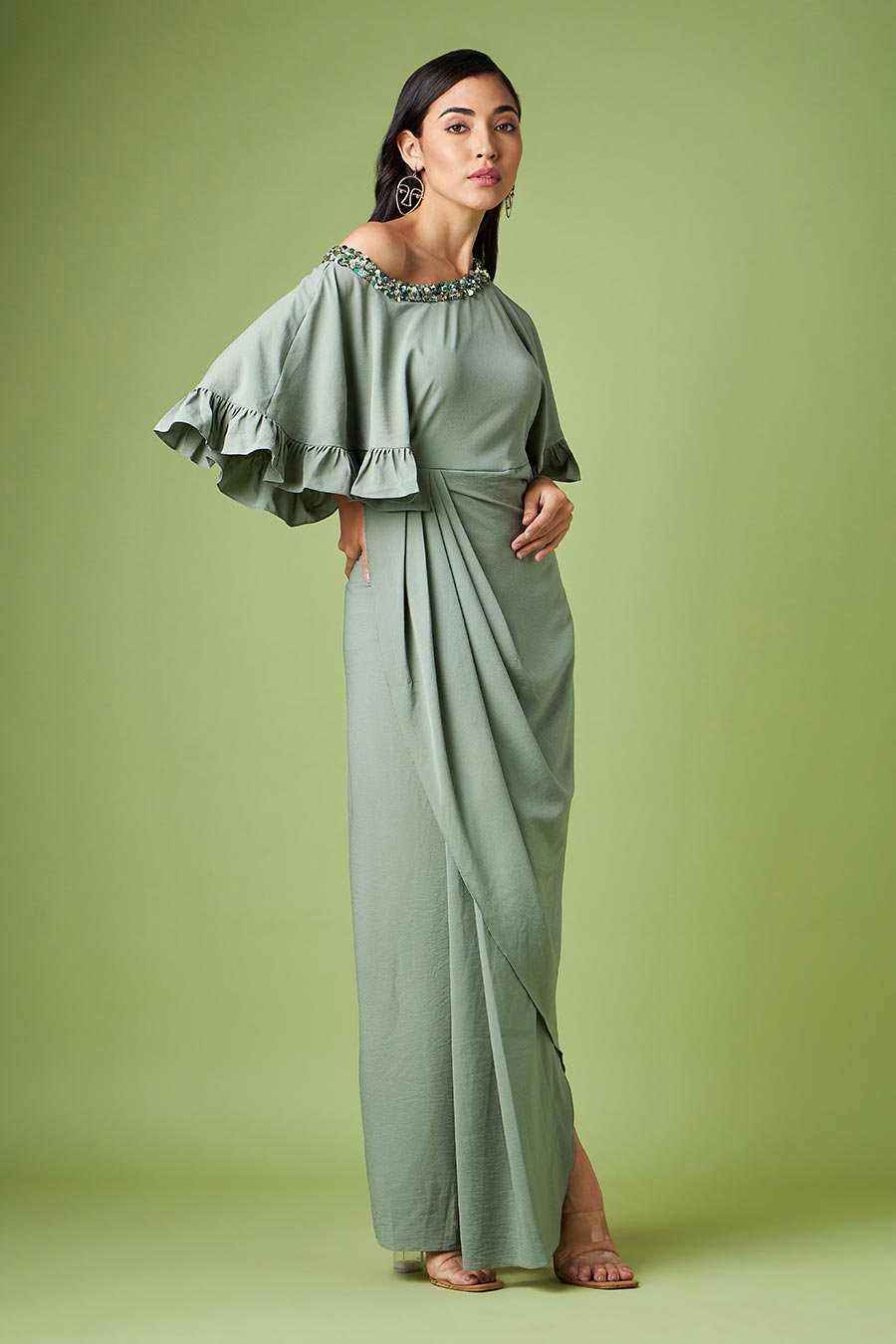 Green One-Shoulder Drape Dress