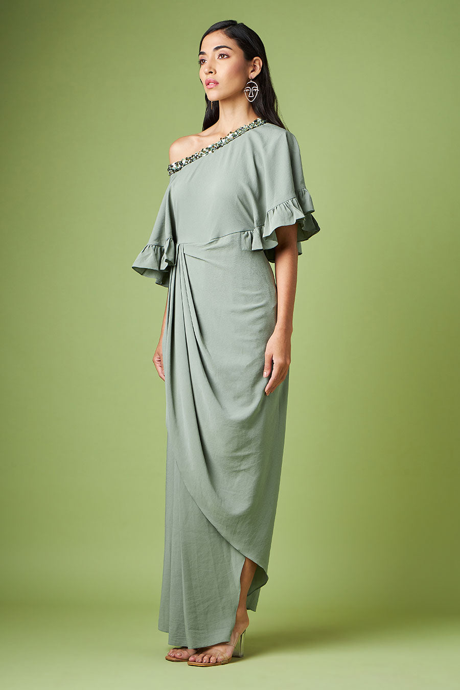 Green One-Shoulder Drape Dress