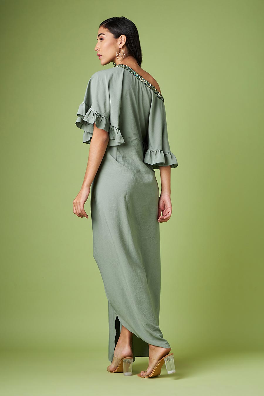 Green One-Shoulder Drape Dress