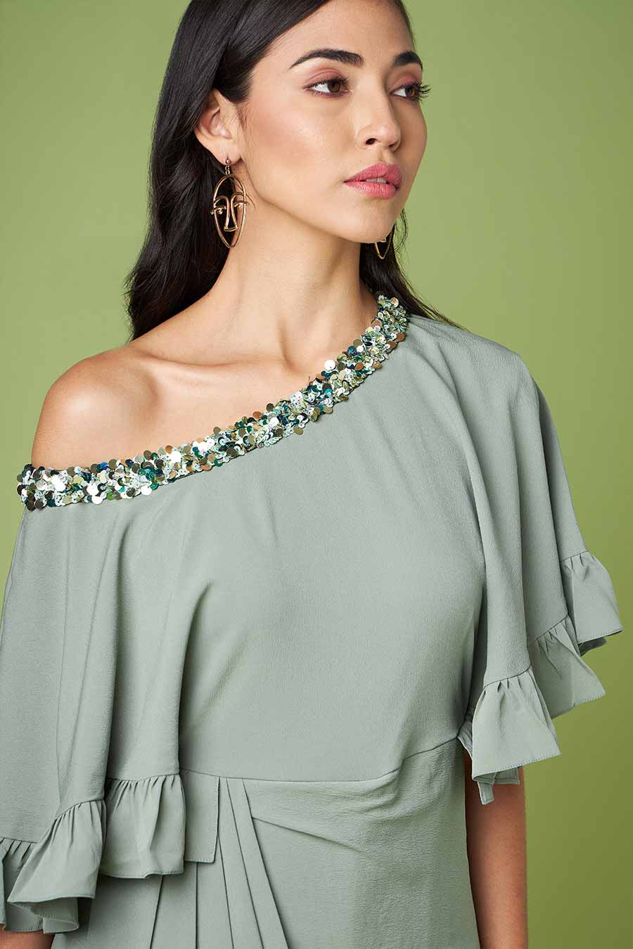 Green One-Shoulder Drape Dress