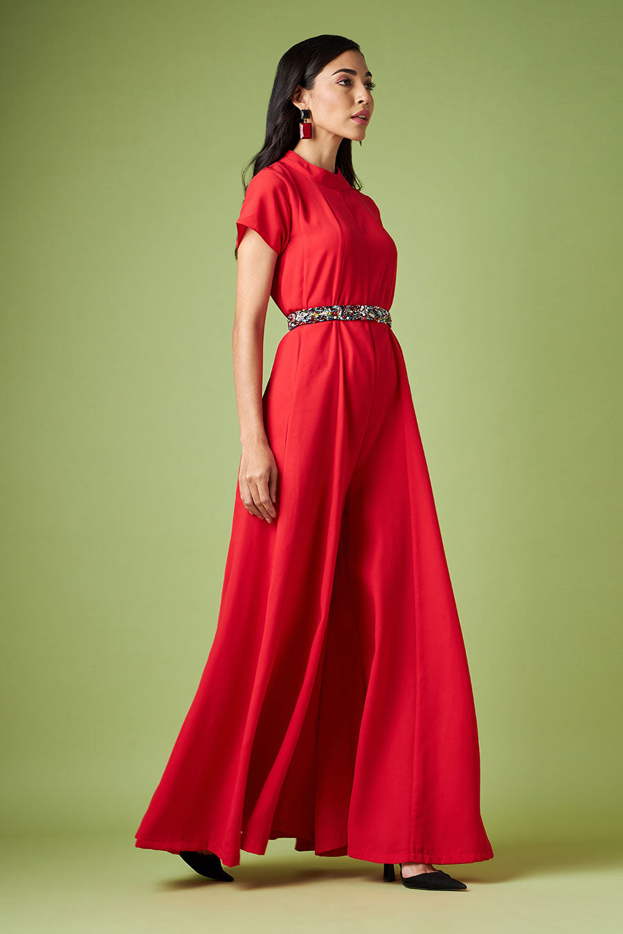 Red Jumpsuit With Crystal Embellised Belt