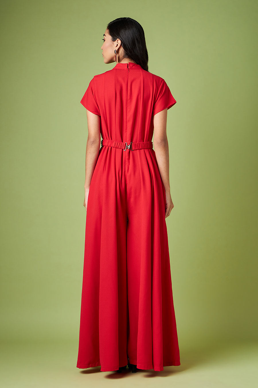 Red Jumpsuit With Crystal Embellised Belt