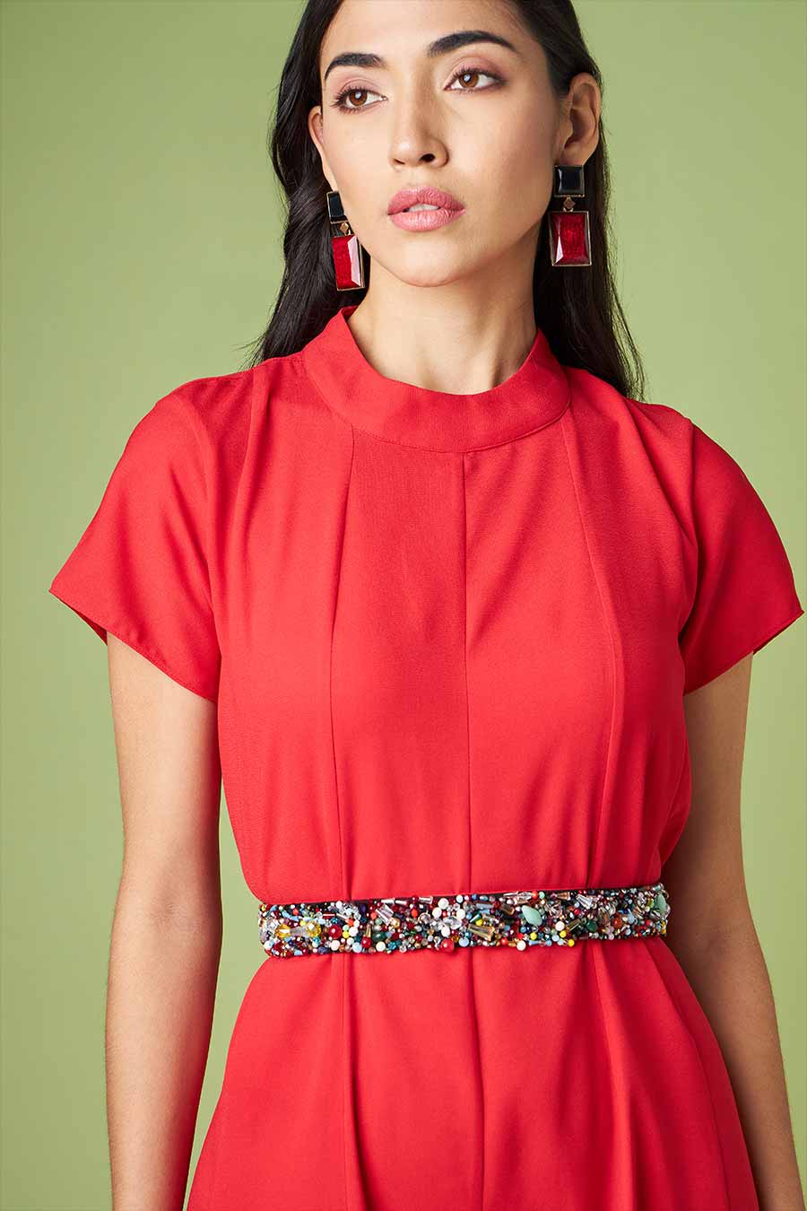 Red Jumpsuit With Crystal Embellised Belt