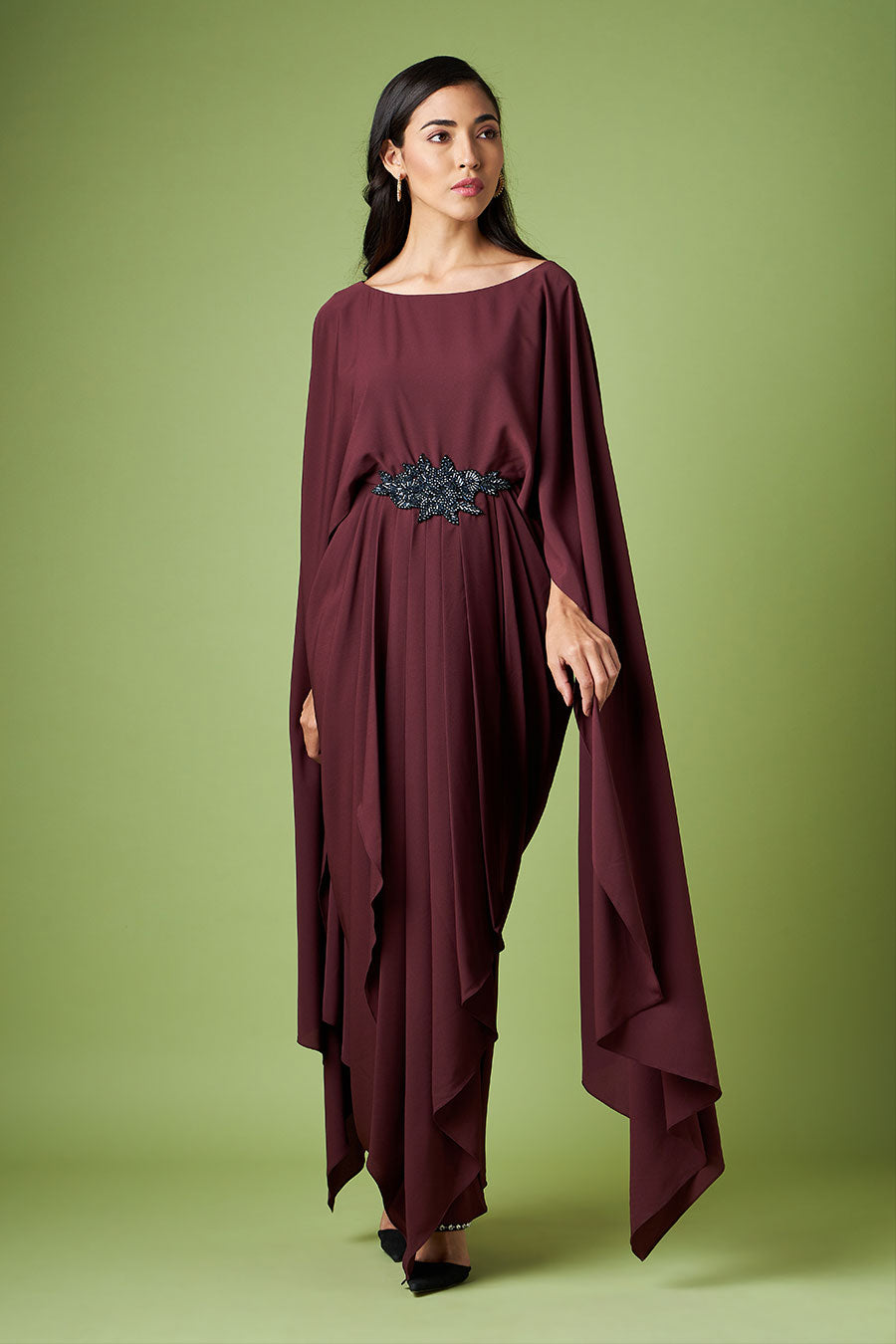 Wine Embroidered Drape Dress