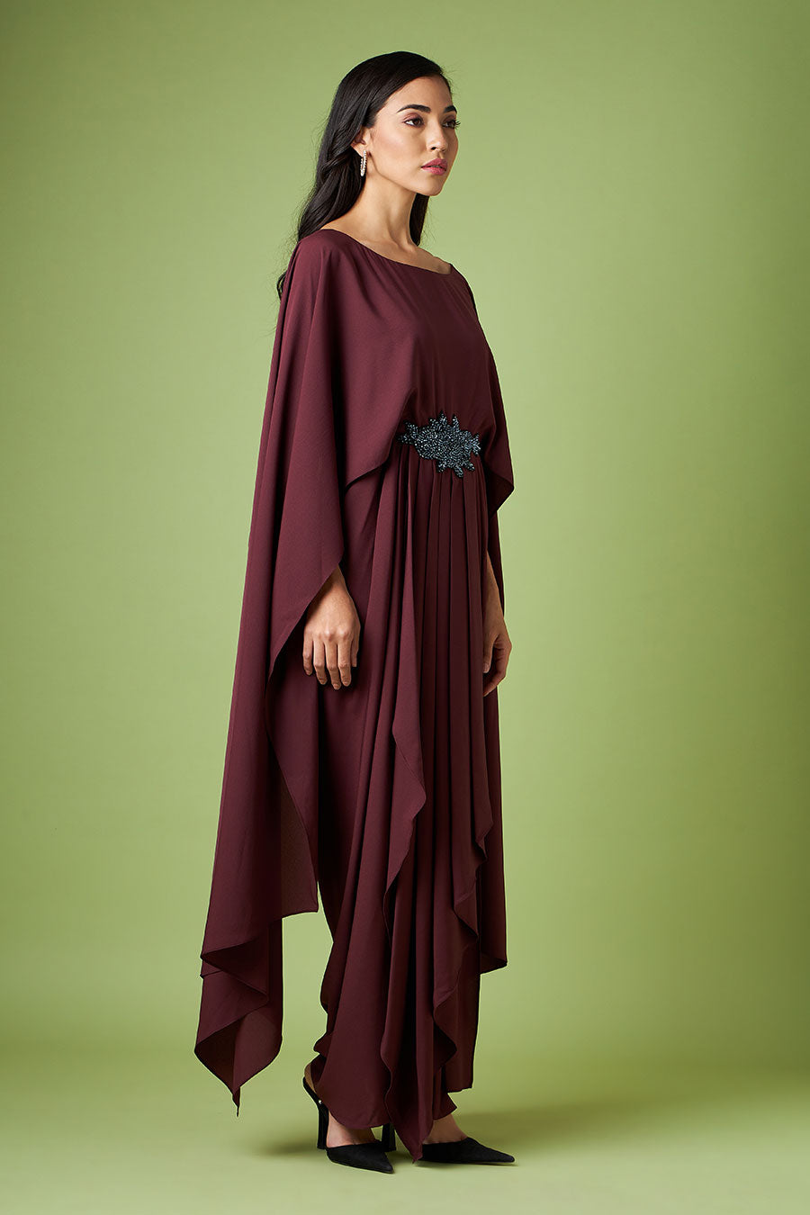 Wine Embroidered Drape Dress