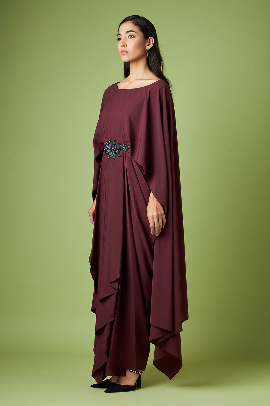 Wine Embroidered Drape Dress