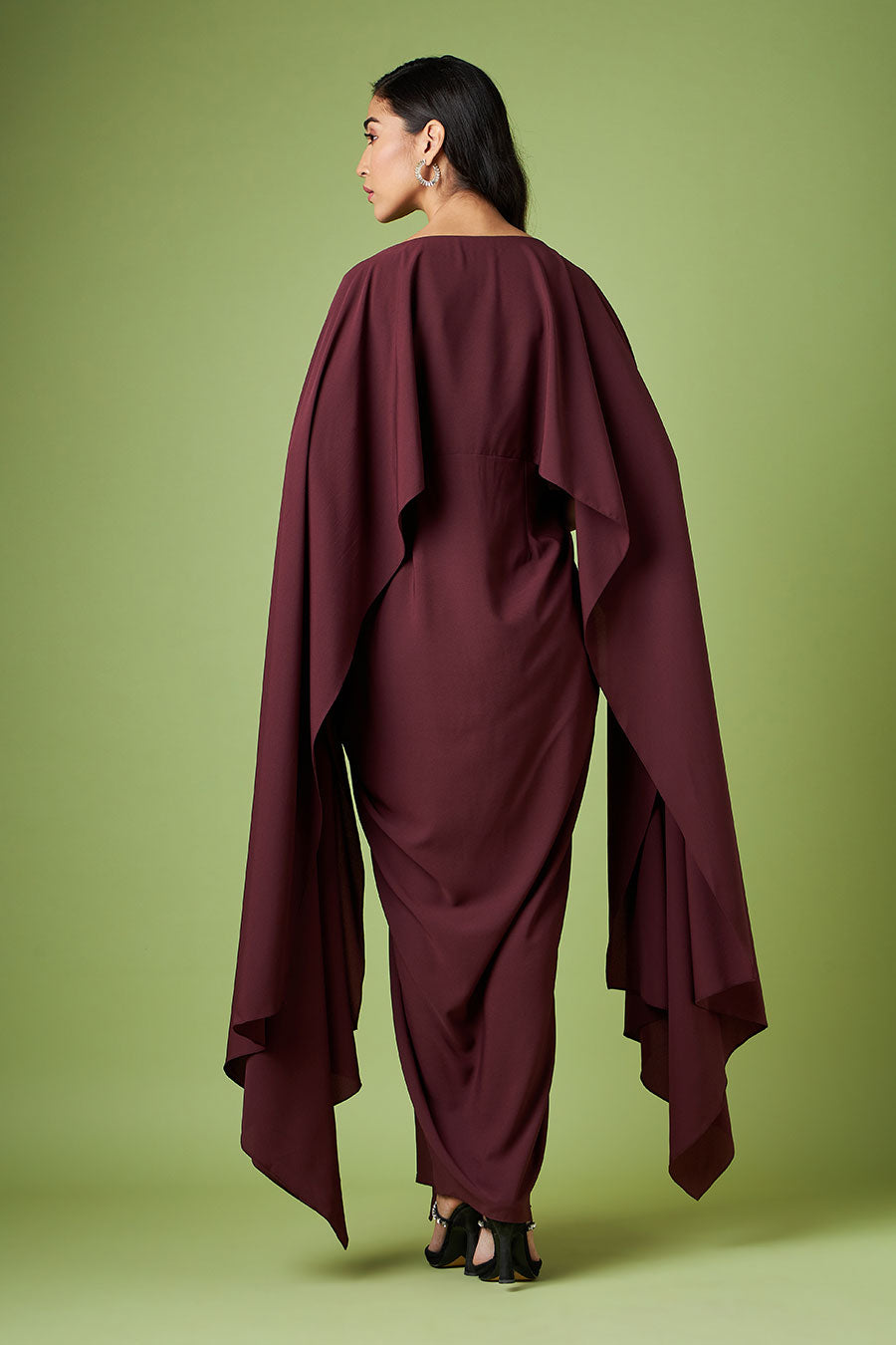 Wine Embroidered Drape Dress