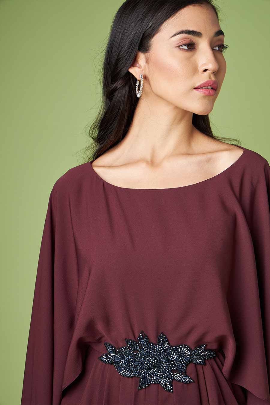 Wine Embroidered Drape Dress