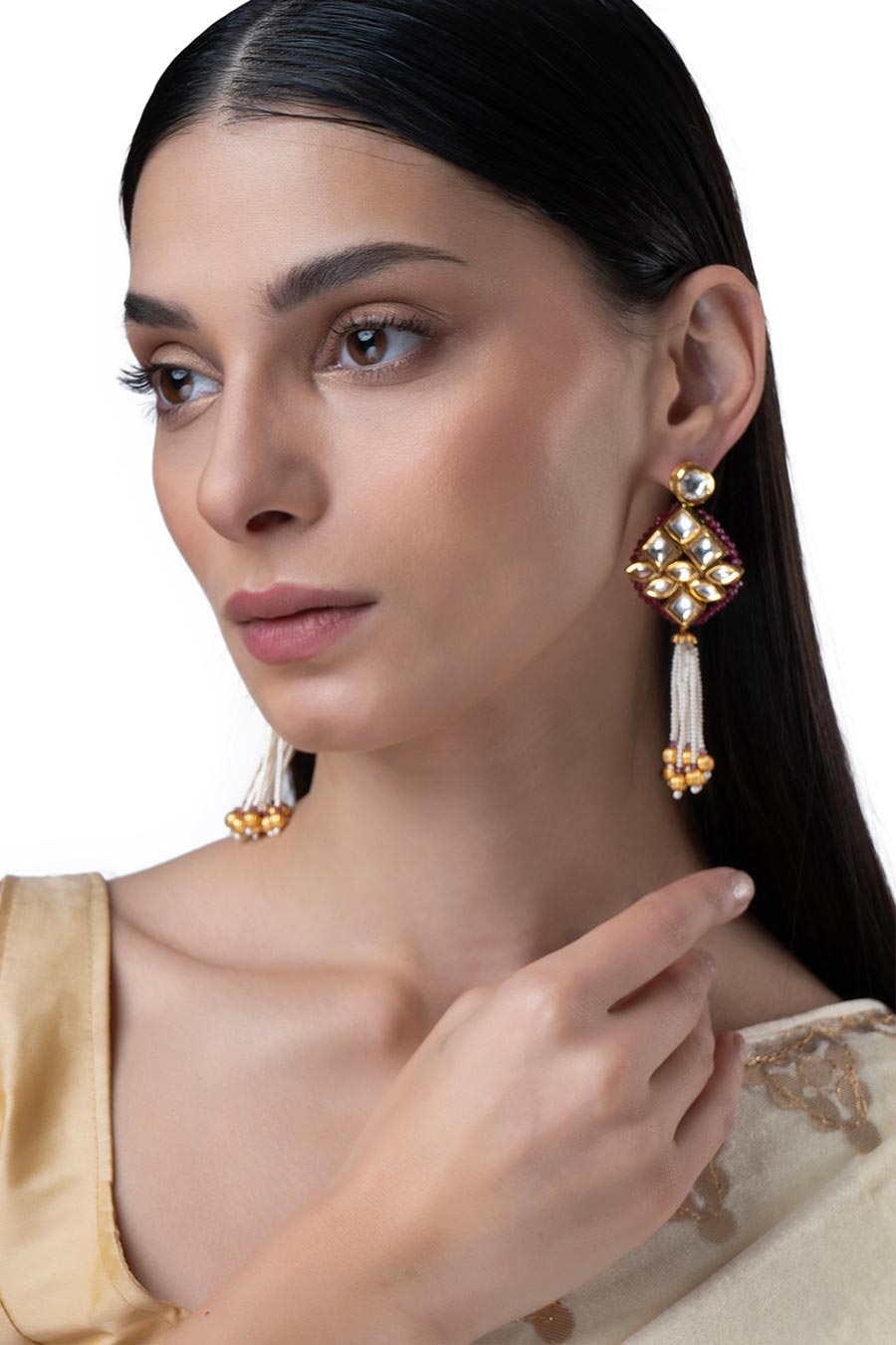 Gold Finish Pink Motif Chain Perals Earrings