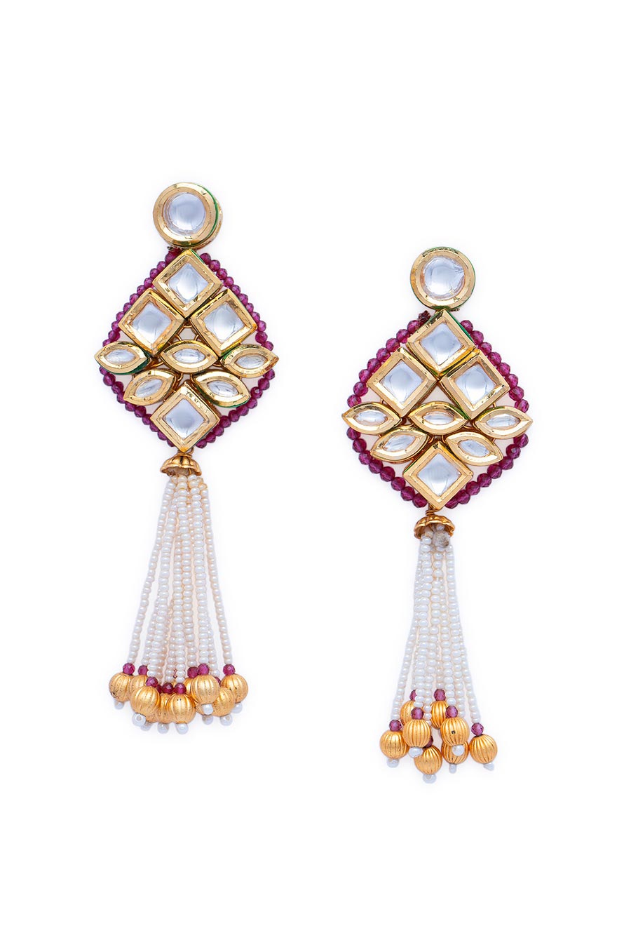 Gold Finish Pink Motif Chain Perals Earrings