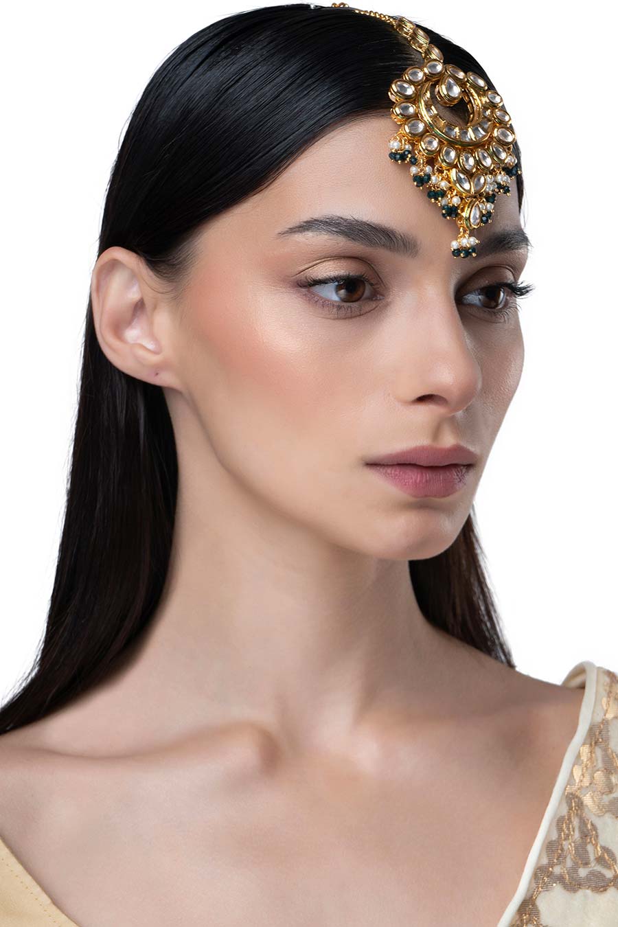 Gold Finish White & Green Pearl Maang Teeka
