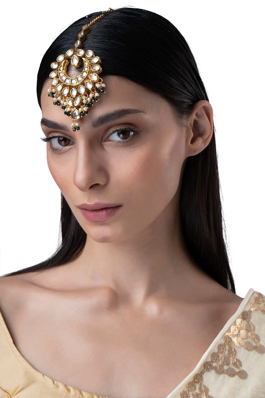 Gold Finish White & Green Pearl Maang Teeka