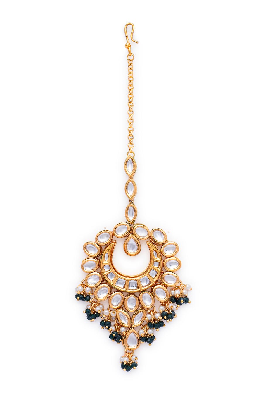 Gold Finish White & Green Pearl Maang Teeka