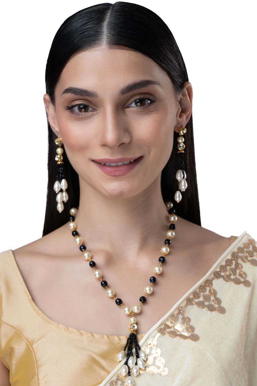 Gold Finish Beige & Black Pearls kundan Necklace Set