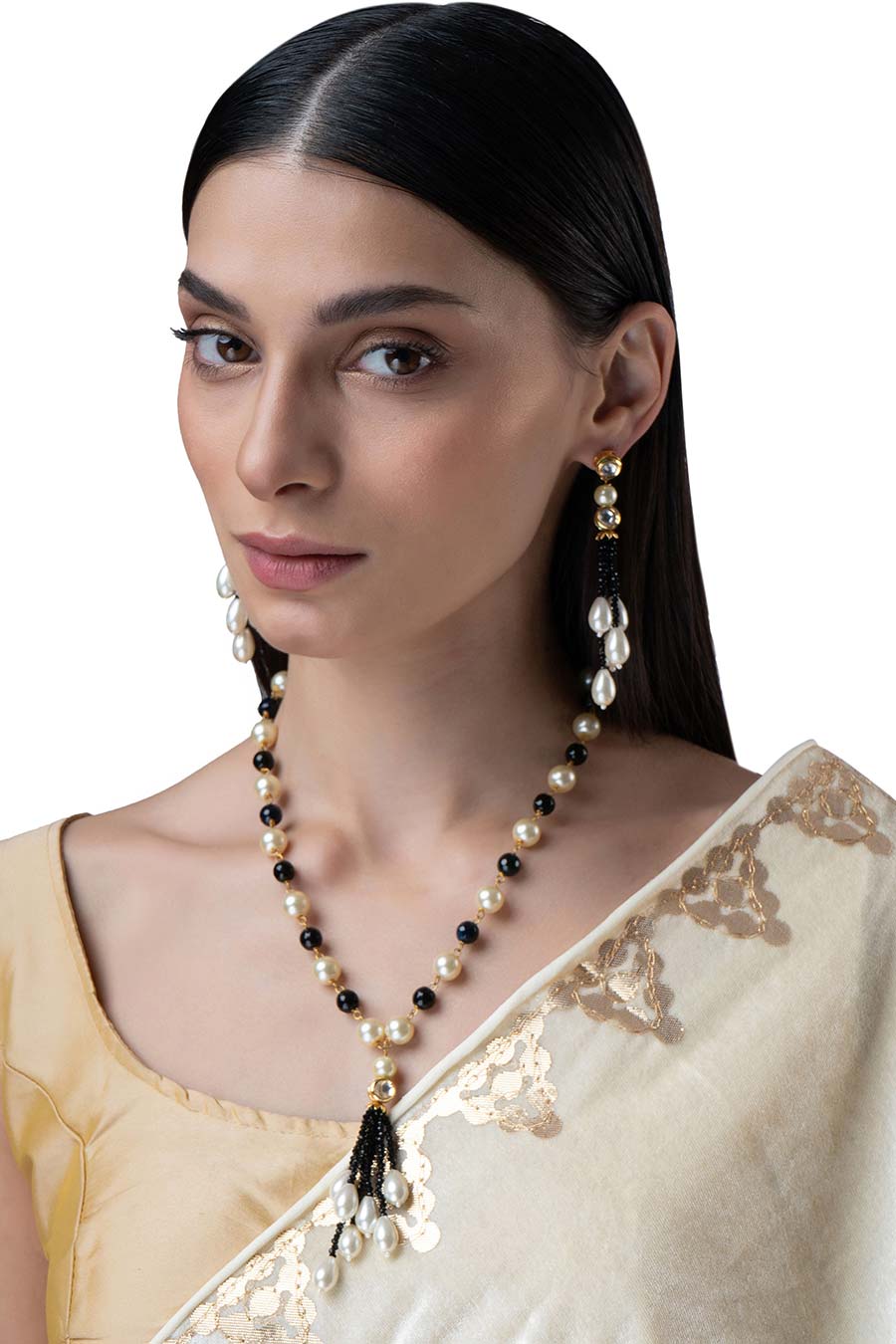 Gold Finish Beige & Black Pearls kundan Necklace Set