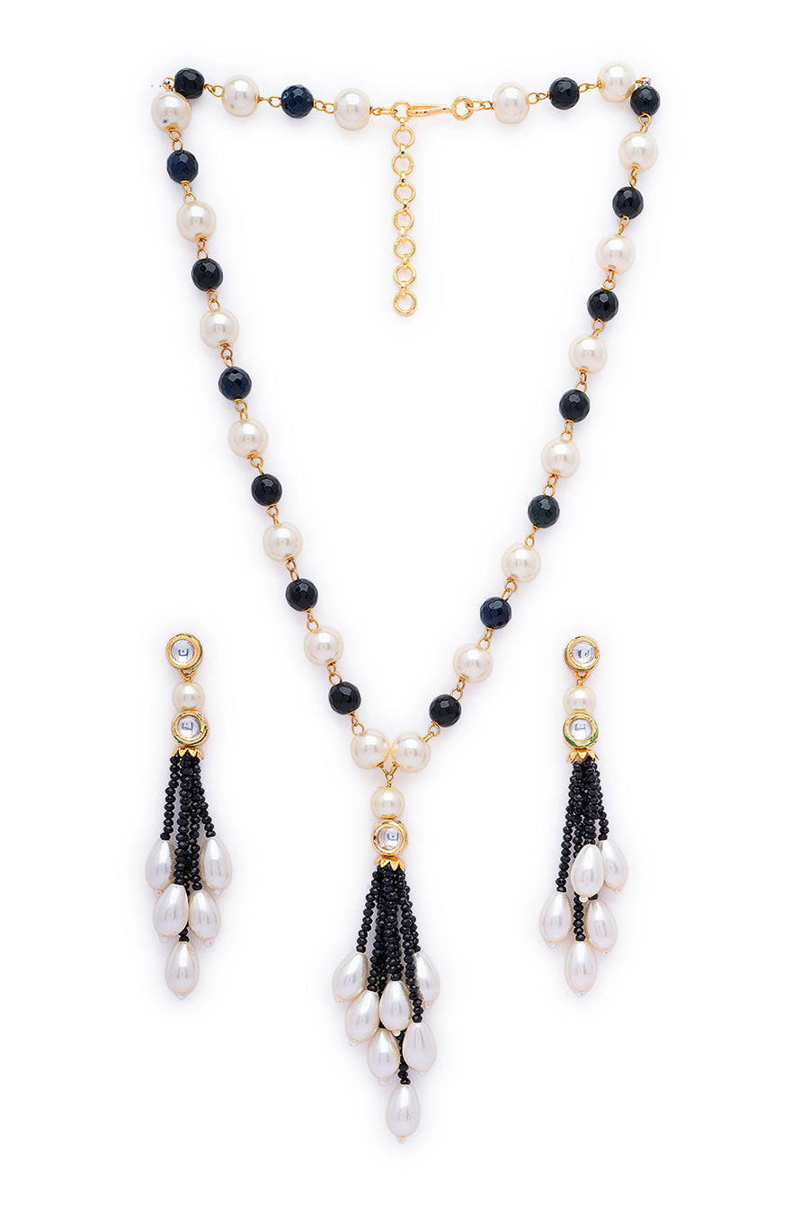 Gold Finish Beige & Black Pearls kundan Necklace Set