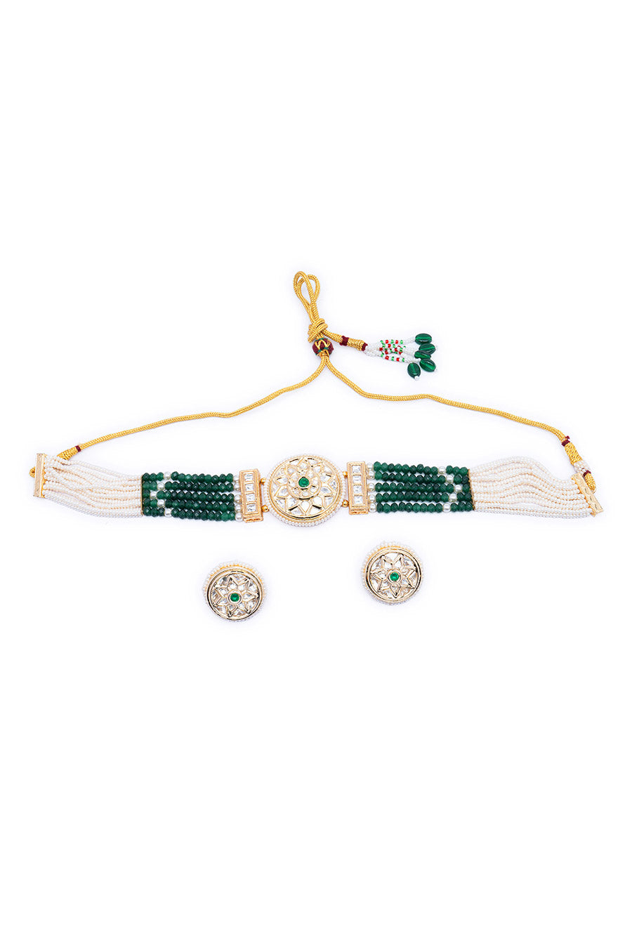 Gold Finish Emerald Green Stone & White Pearls Choker Set