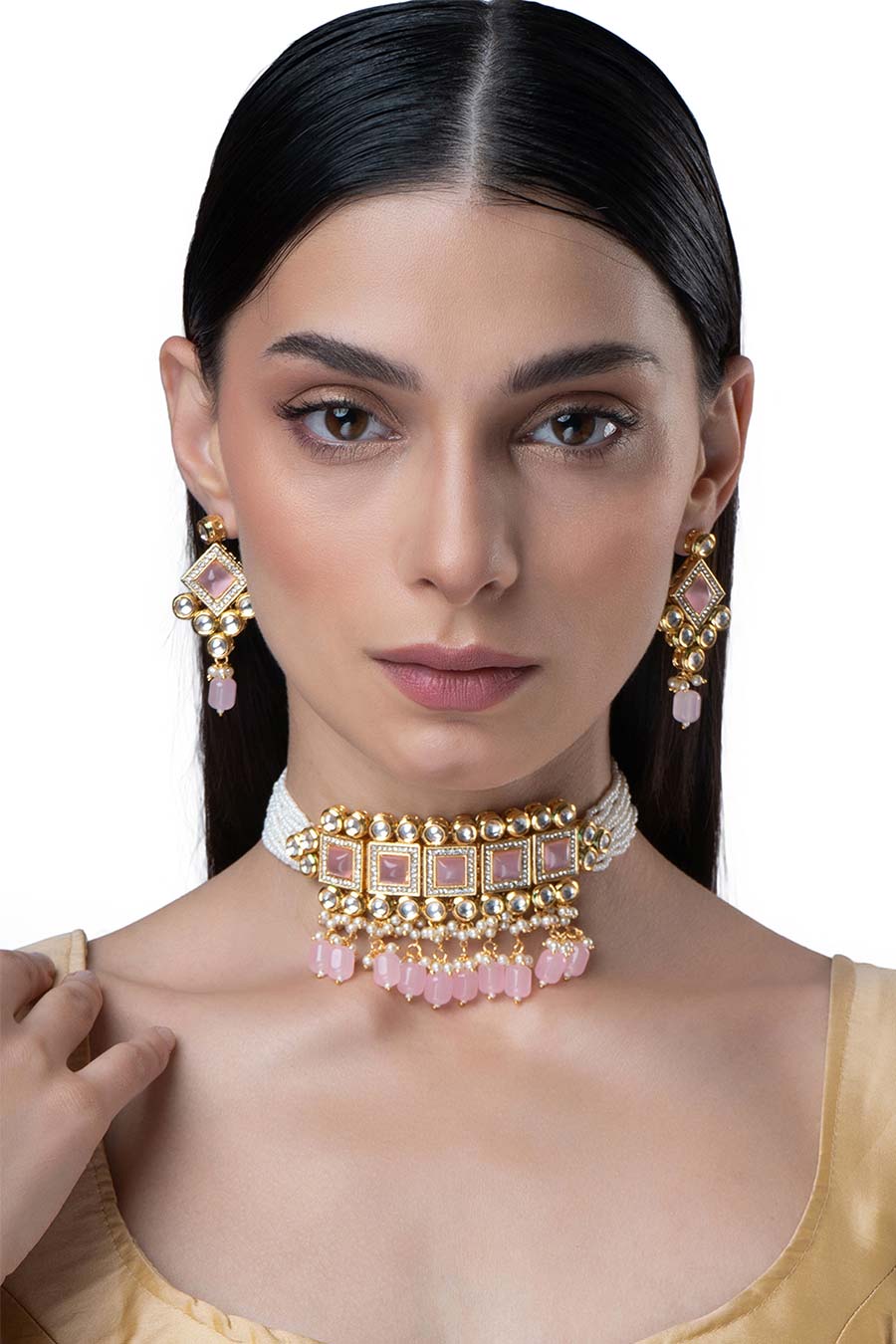 Gold Finish Pink Stone & White Pearls Choker Set