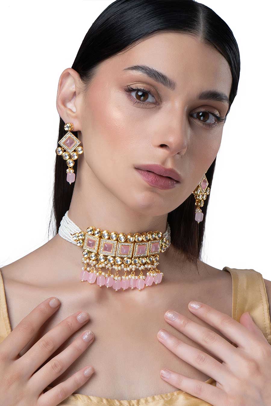 Gold Finish Pink Stone & White Pearls Choker Set