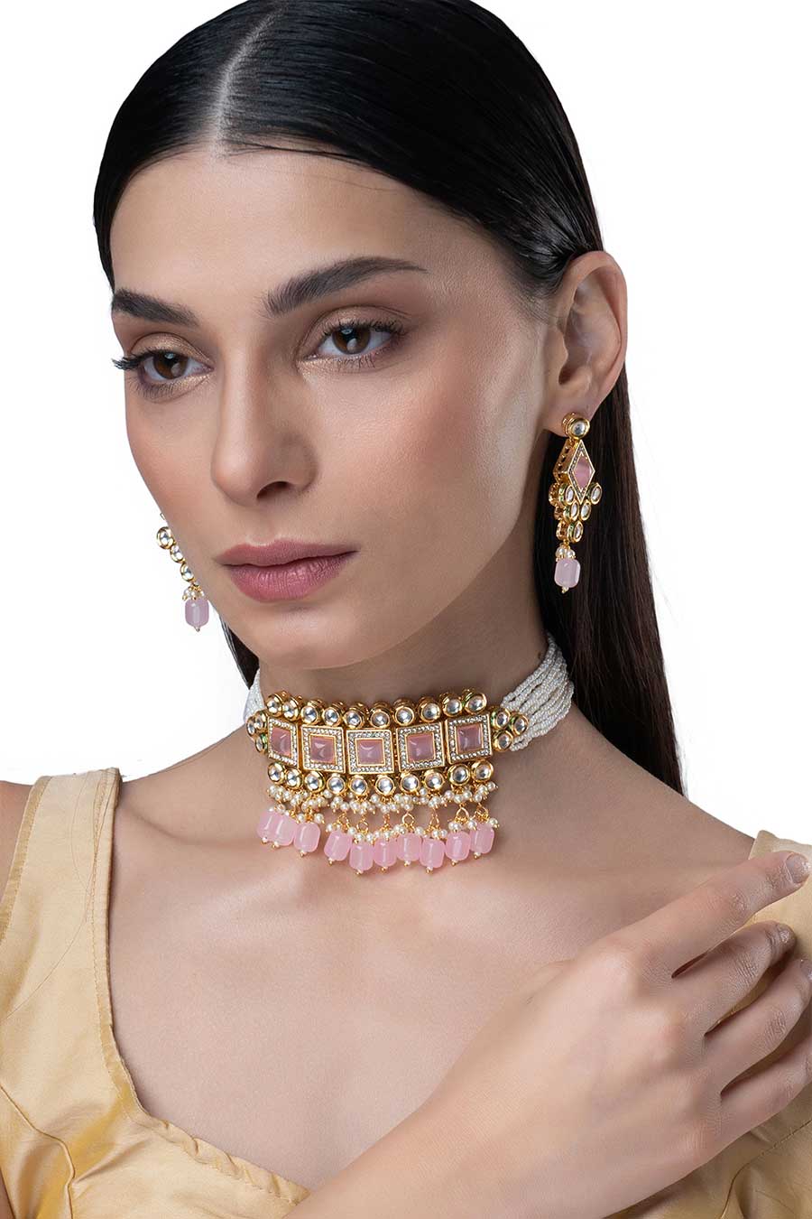 Gold Finish Pink Stone & White Pearls Choker Set