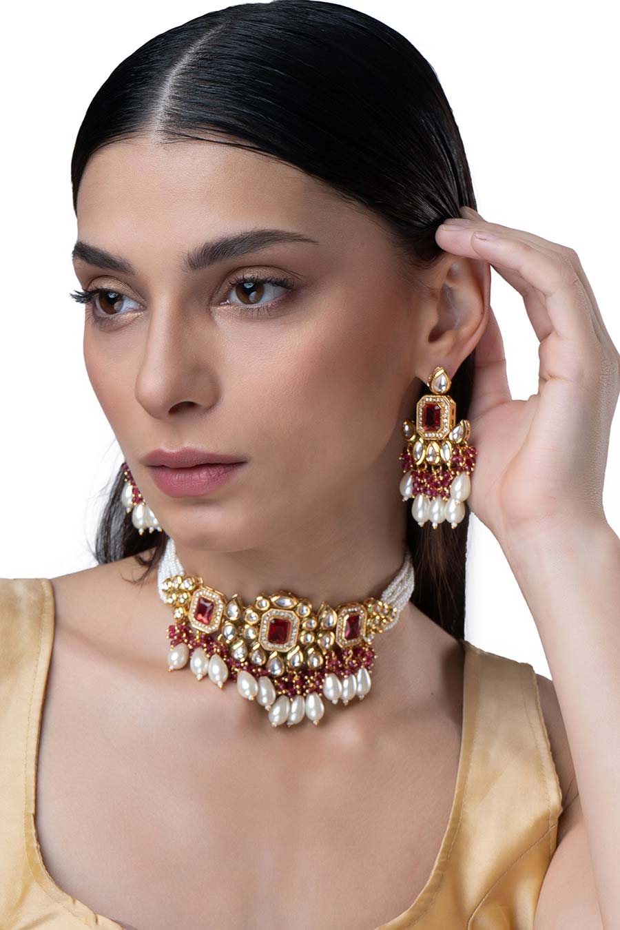 Gold Finish Red & White Pearls Flower Choker Set