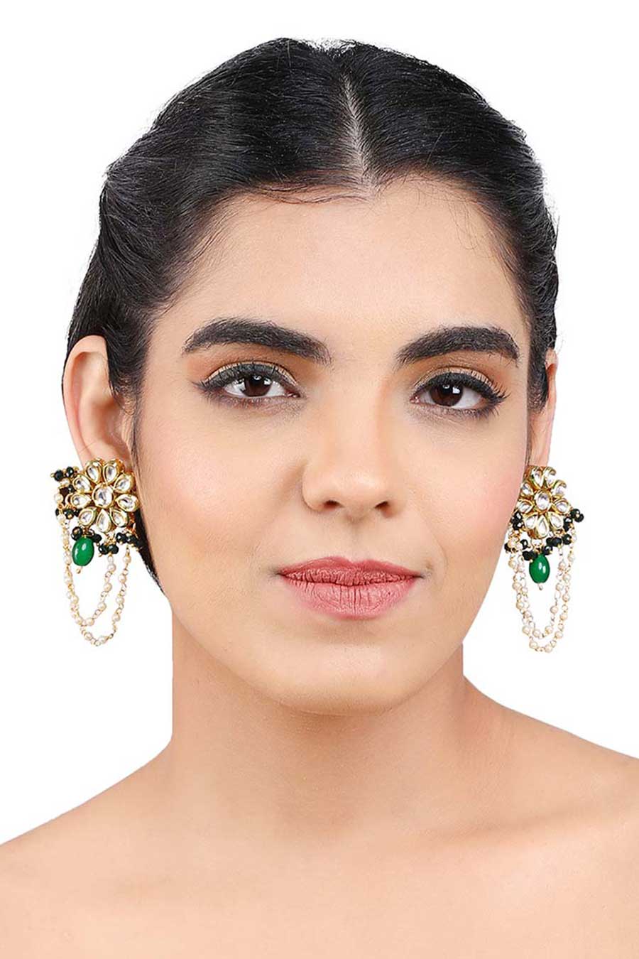 Gold Finish Emerald Kundan Earrings