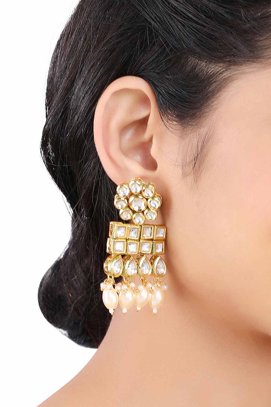 Gold Finish Kundan Drop Earrings