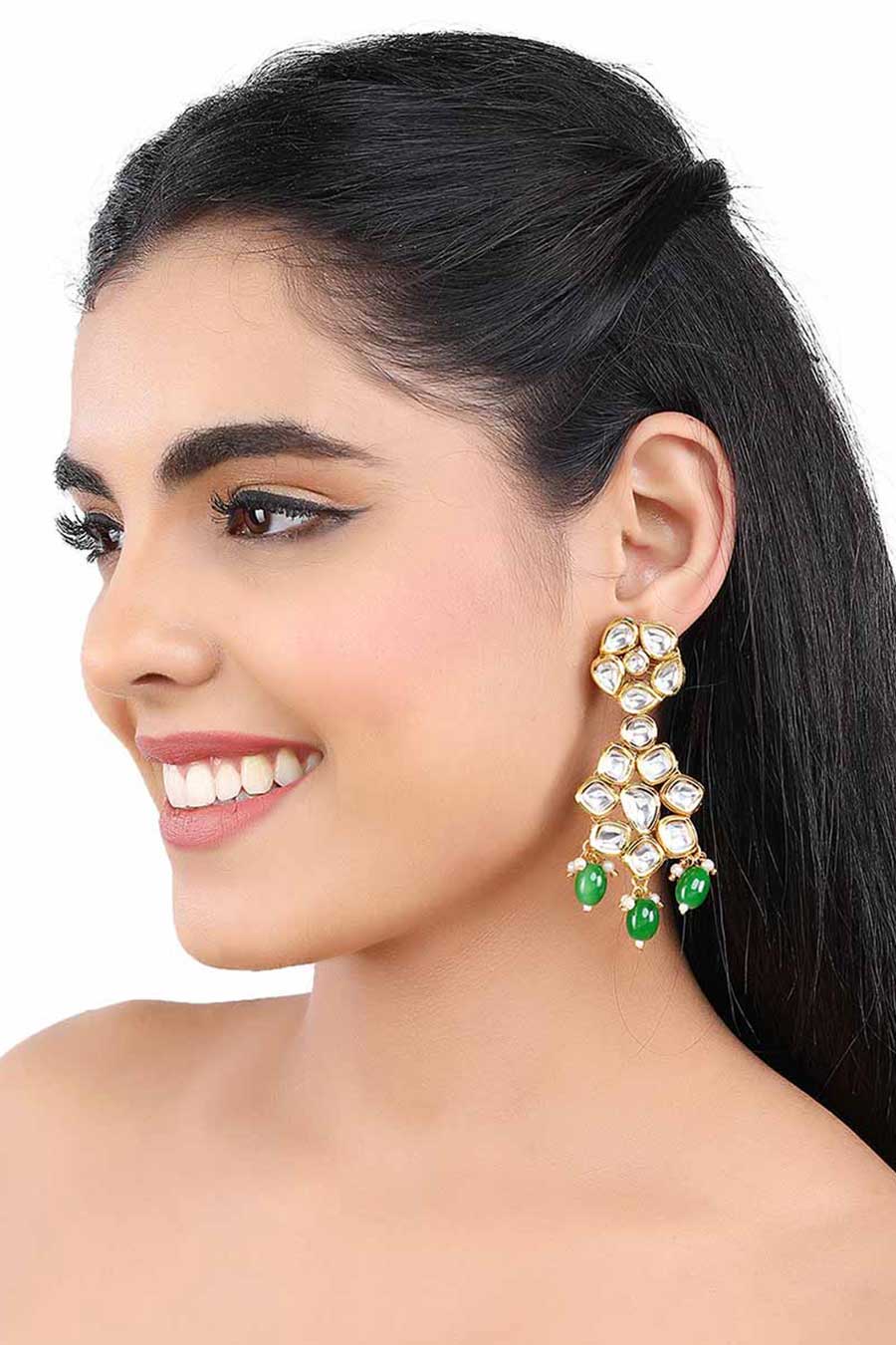 Gold Finish Green Stone Kundan Earrings
