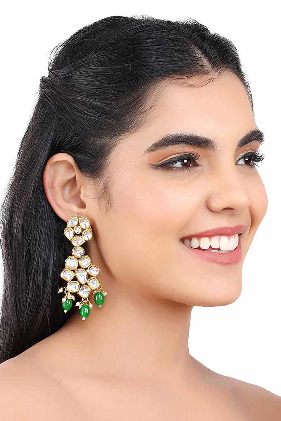 Gold Finish Green Stone Kundan Earrings