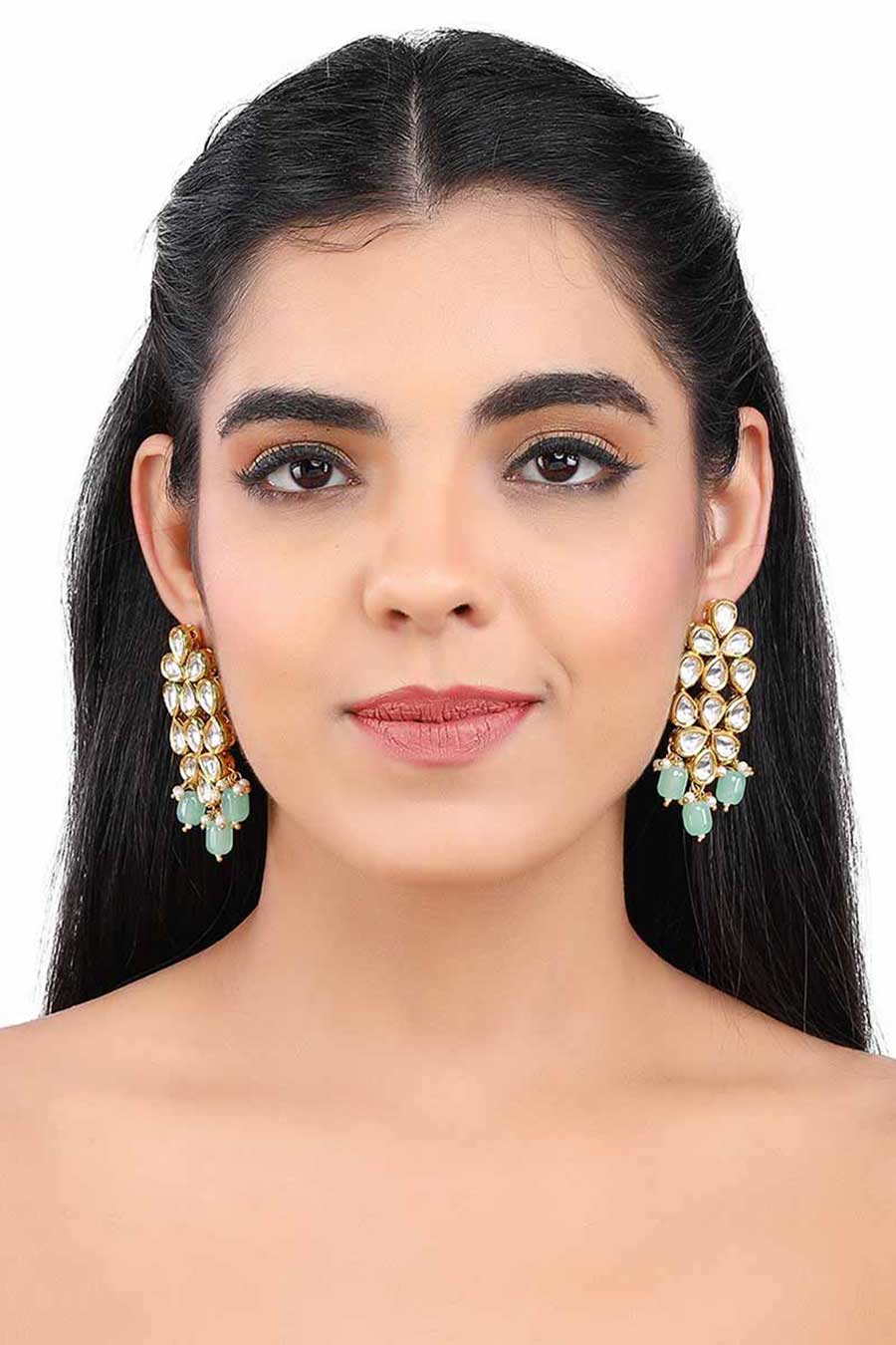 Gold Finish Mint Green Kundan Earrings