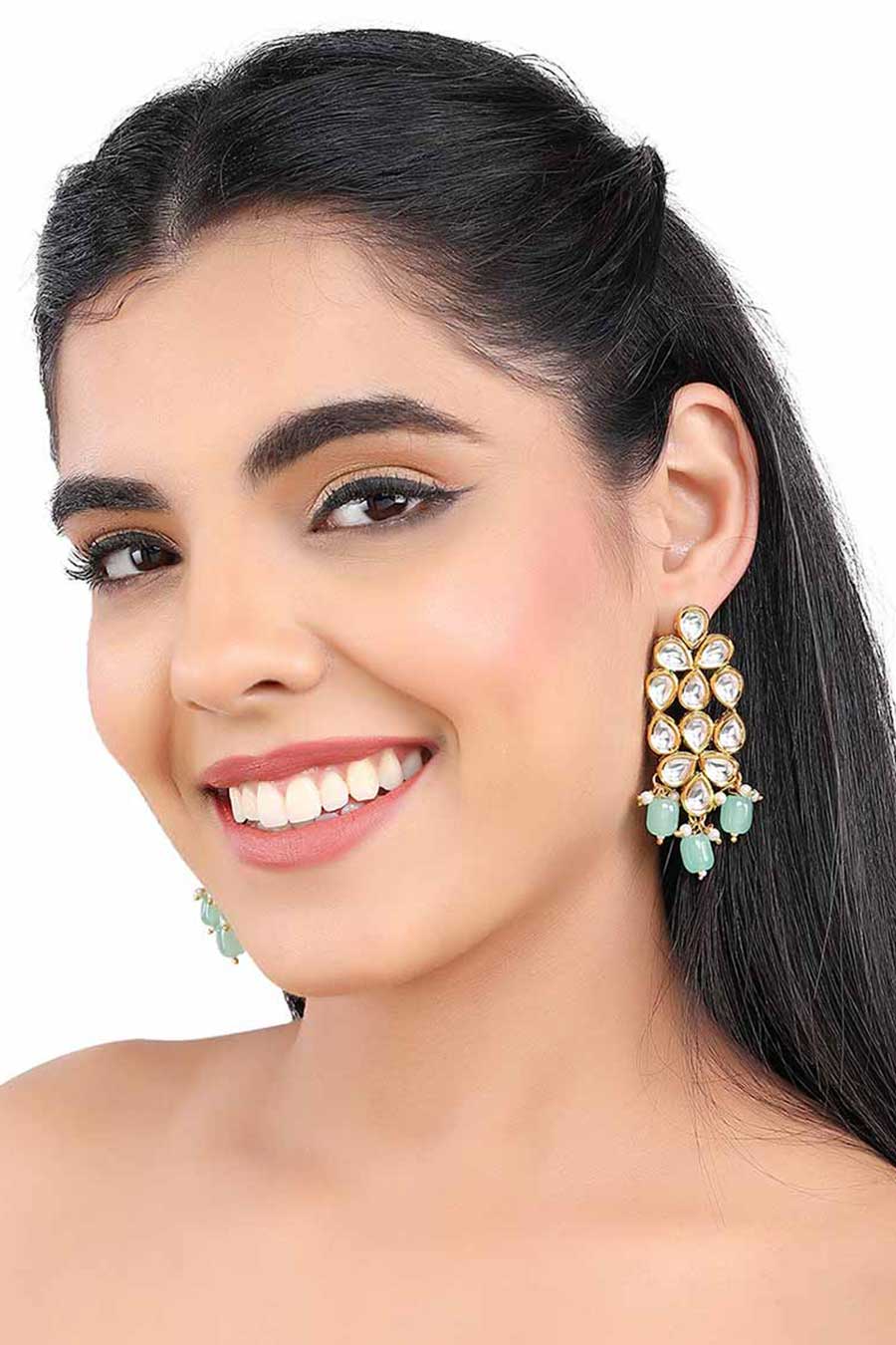 Gold Finish Mint Green Kundan Earrings