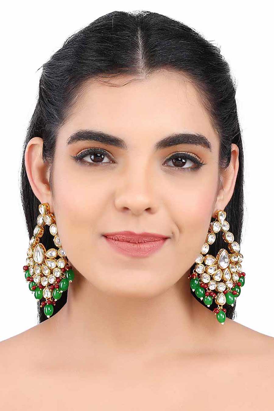 Gold Finish Kundan Geometric Drop Green Earrings