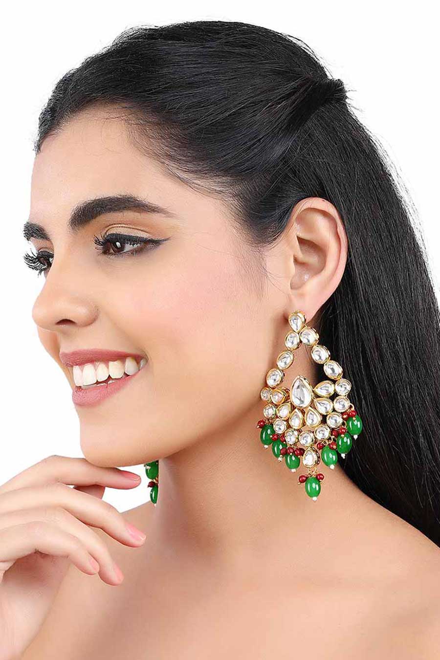 Gold Finish Kundan Geometric Drop Green Earrings