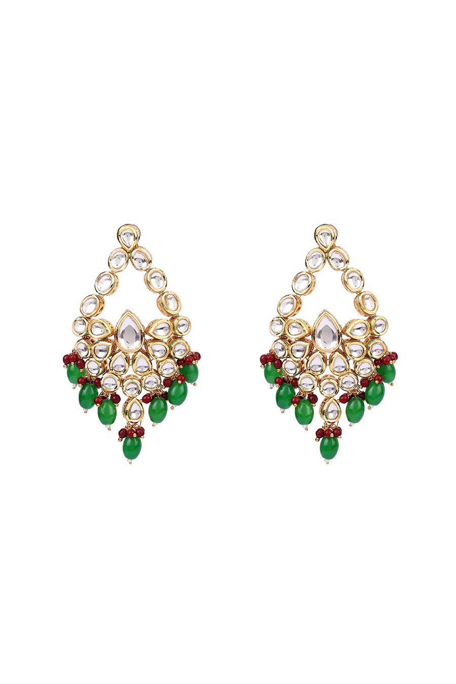 Gold Finish Kundan Geometric Drop Green Earrings