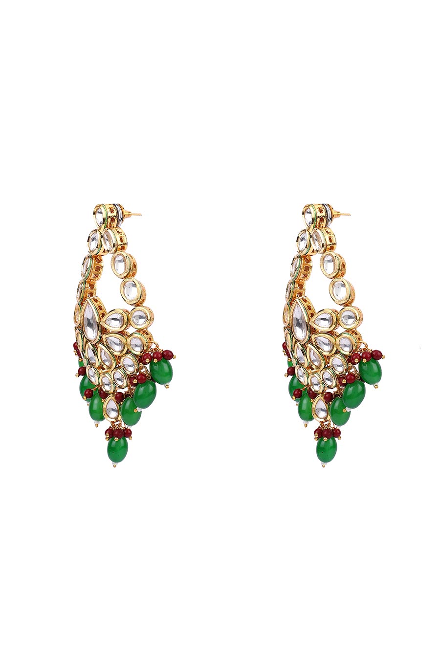 Gold Finish Kundan Geometric Drop Green Earrings