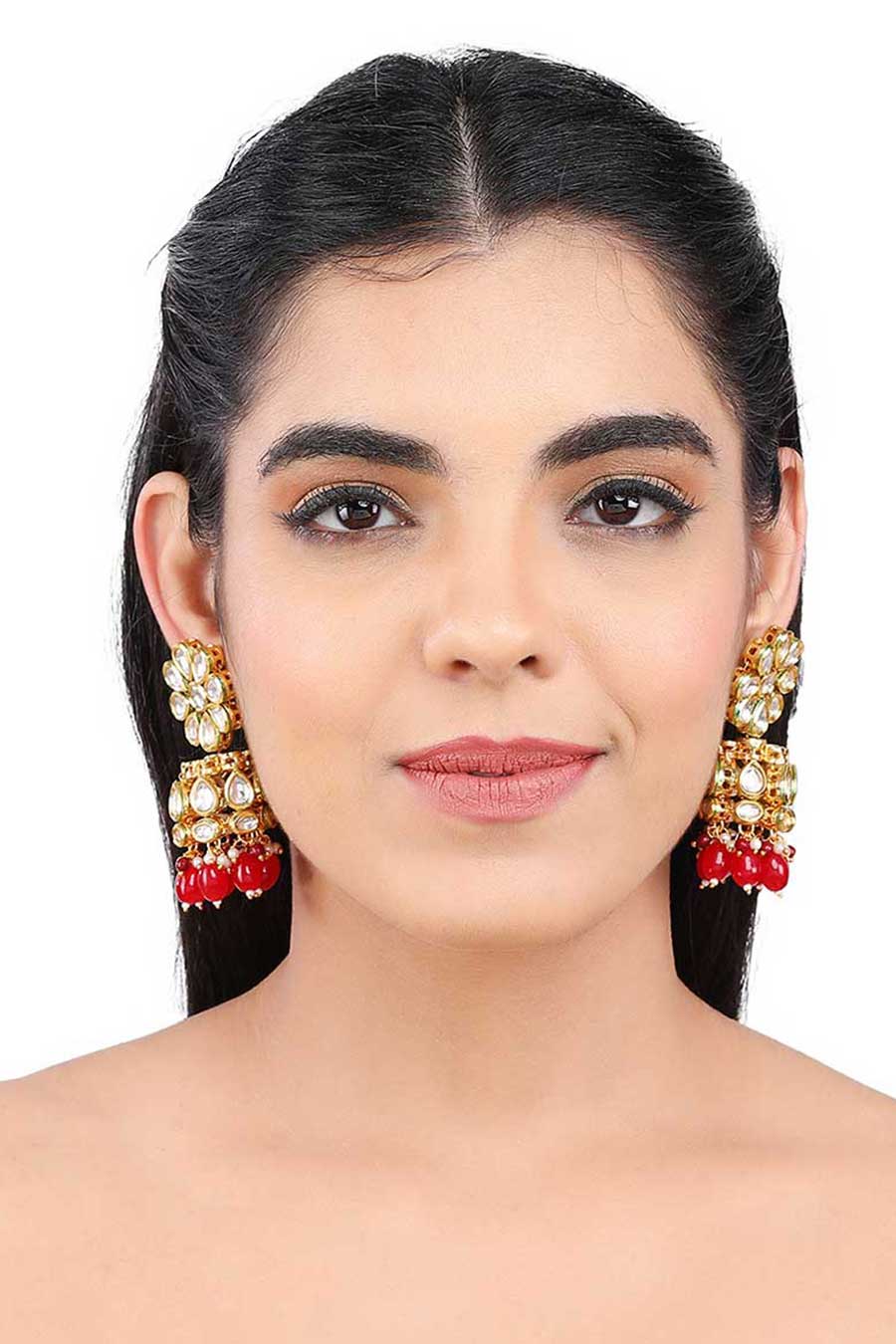 Gold Finish Floral Ruby Jhumka Earrings