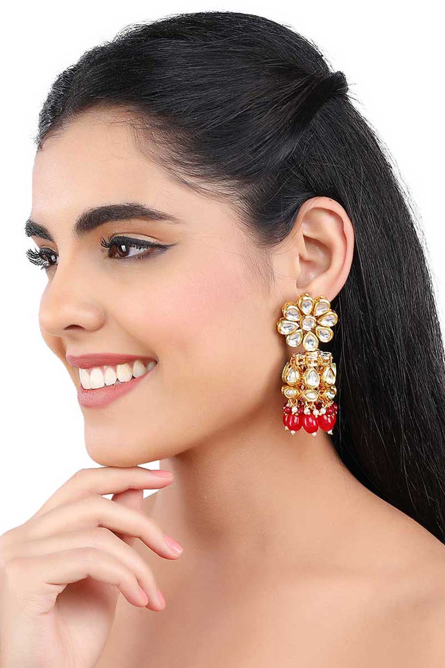 Gold Finish Floral Ruby Jhumka Earrings