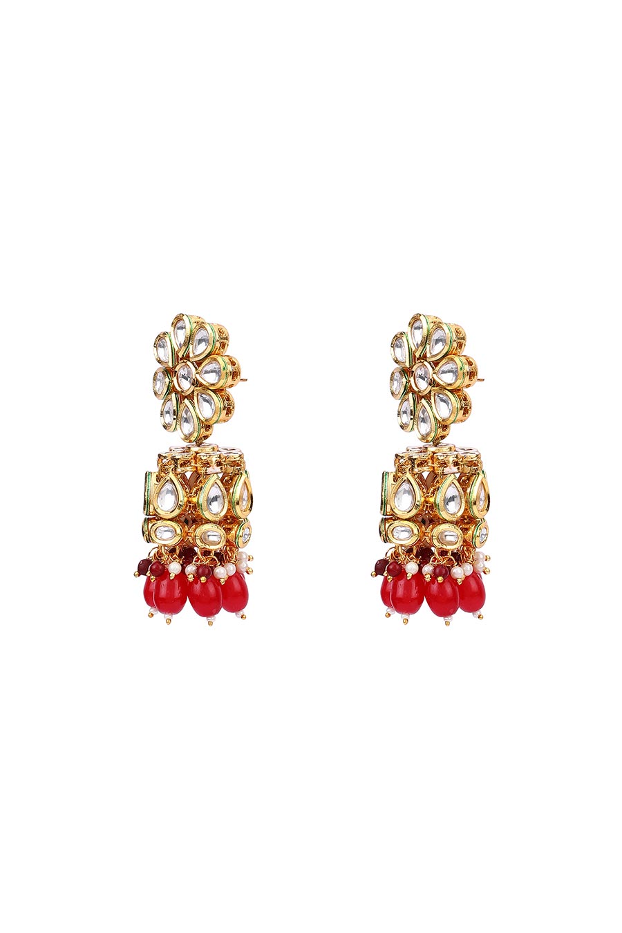 Gold Finish Floral Ruby Jhumka Earrings