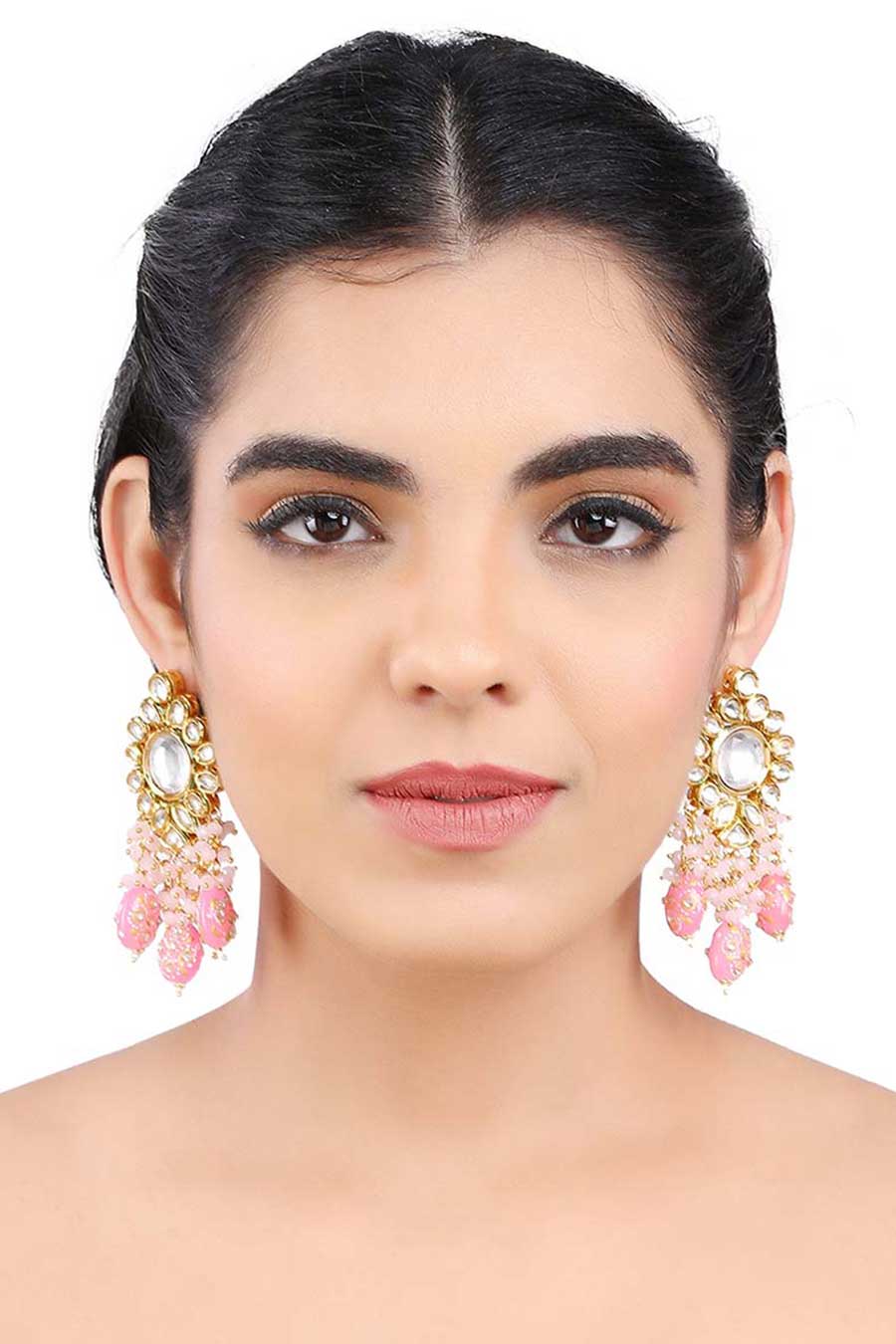 Gold Finish Floral Pink Drop Kundan Earrings