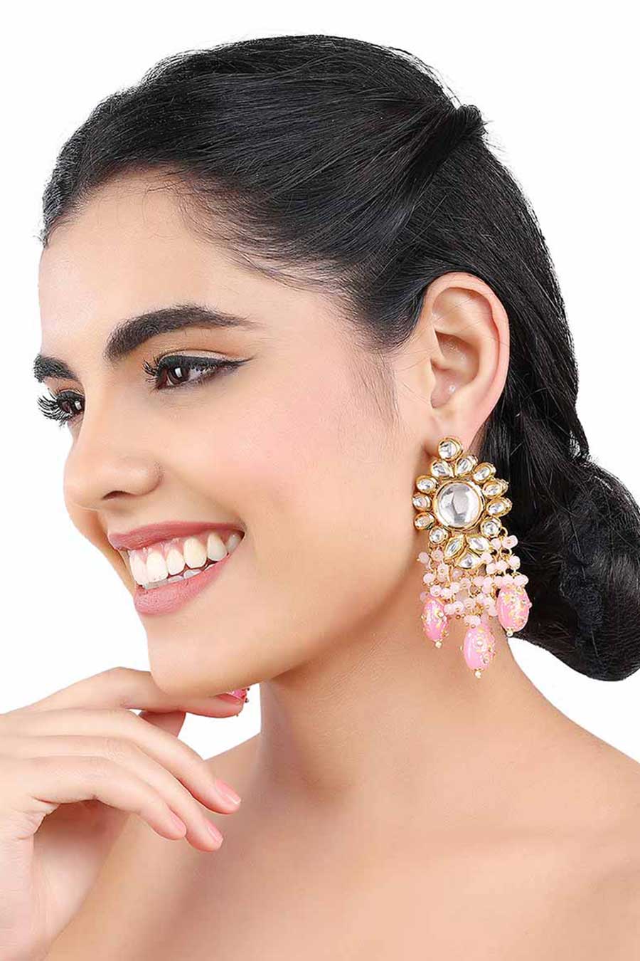 Gold Finish Floral Pink Drop Kundan Earrings