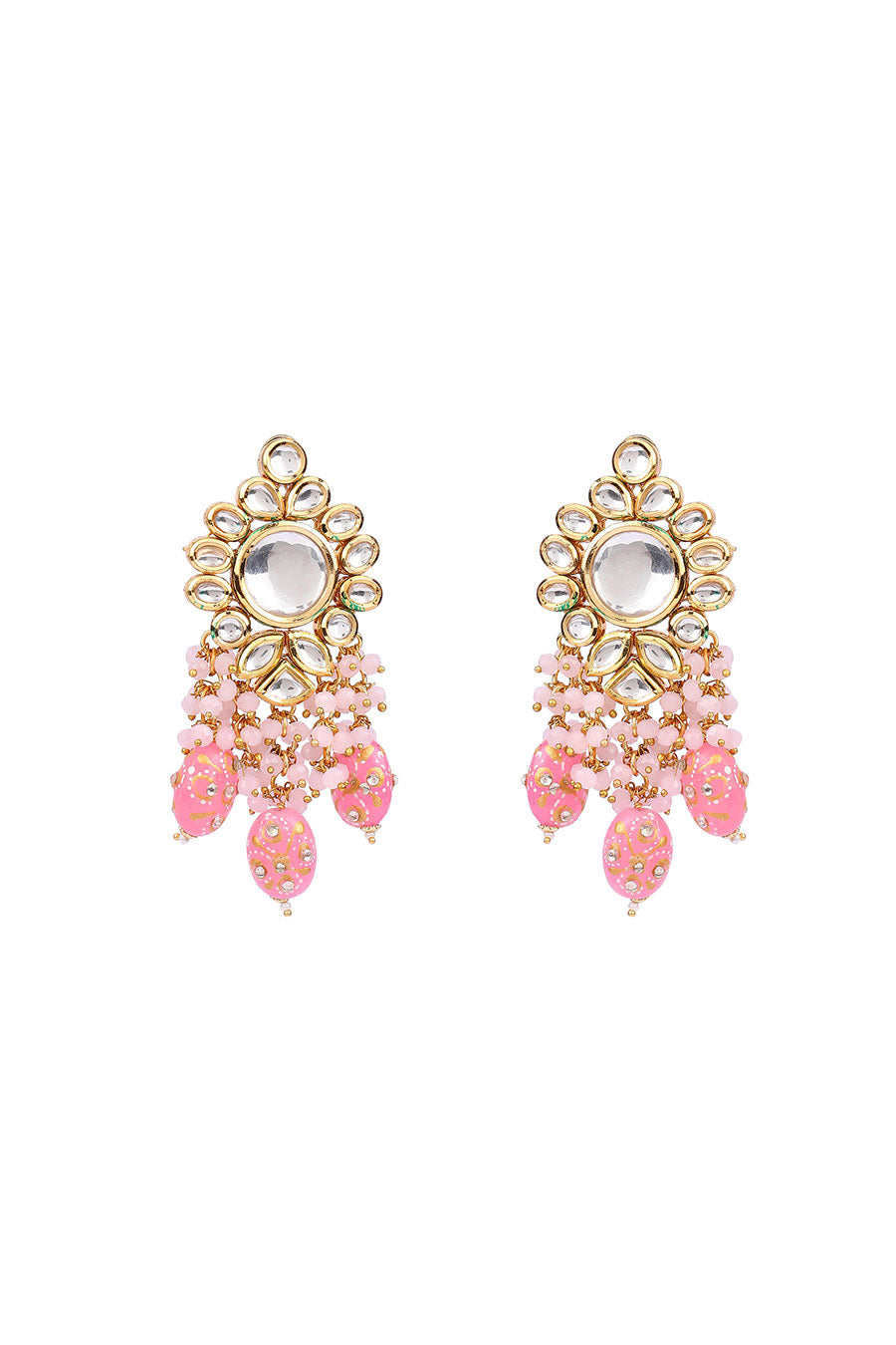 Gold Finish Floral Pink Drop Kundan Earrings