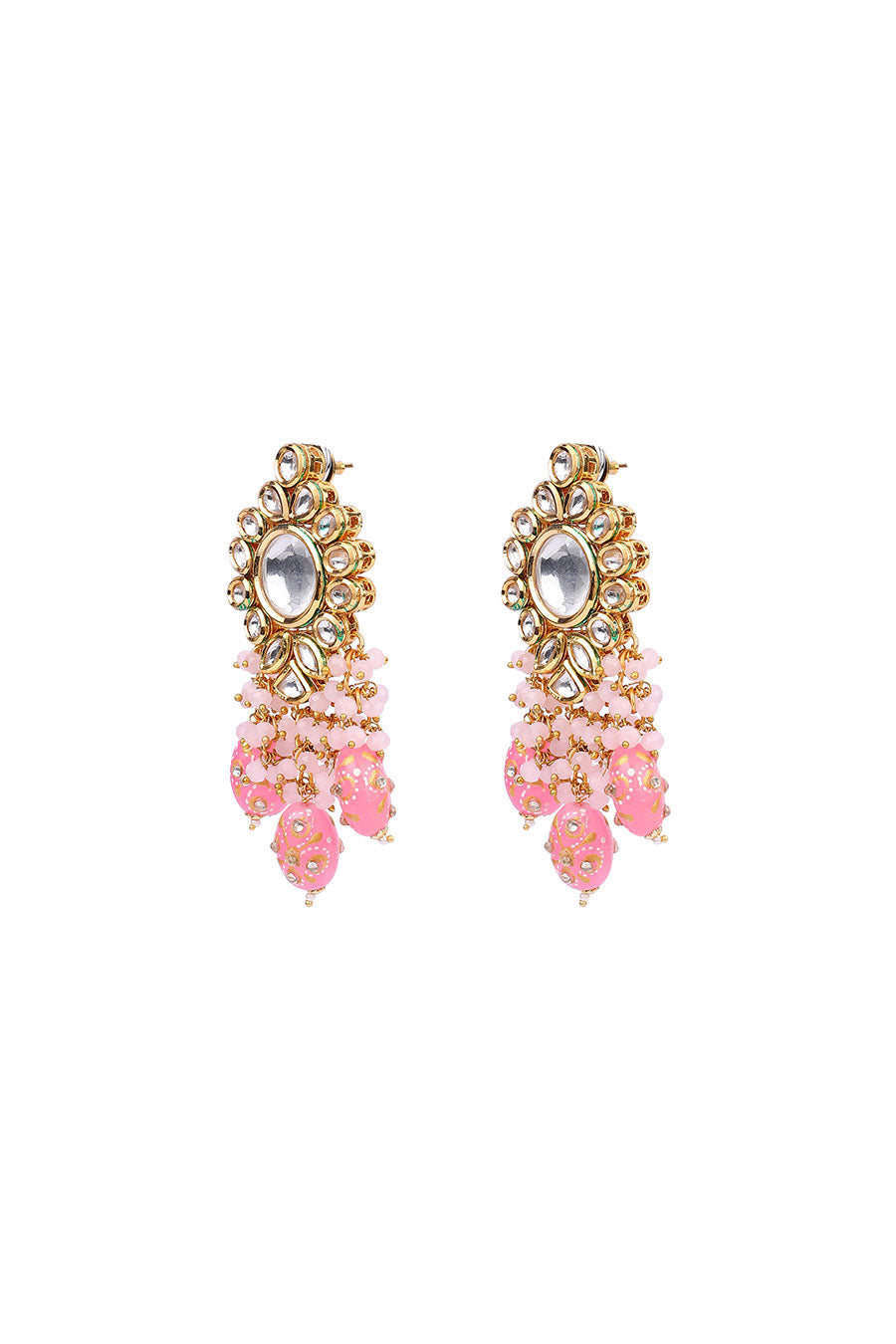 Gold Finish Floral Pink Drop Kundan Earrings