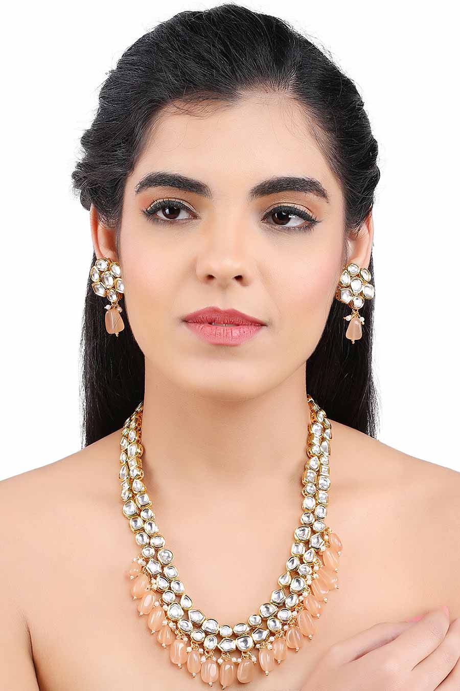 Gold Finish Kundan Stone & Brown Drop Necklace & Earrings Set
