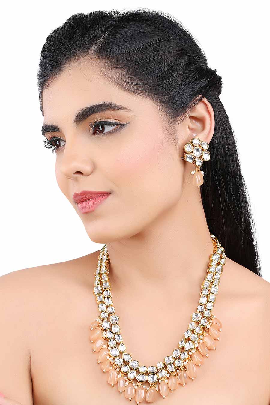 Gold Finish Kundan Stone & Brown Drop Necklace & Earrings Set